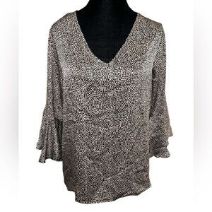 La Roque 100% Silk Blouse Size Large Gold Black Polka Dot Bell Flutter Top